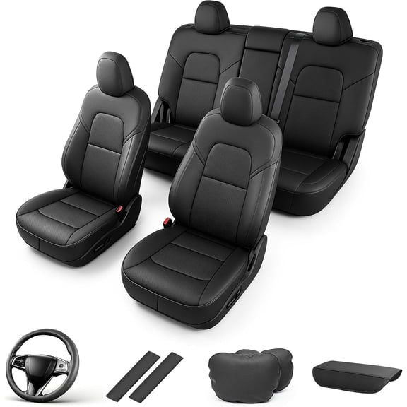 Custom Fit PU Leather Seat Covers, For Tesla Model Y 2020-2025, 5 Seats, Black 5-Pieces Set with Seatbelt,Steering Wheel Covers,Side Bolster Cover&Headrests