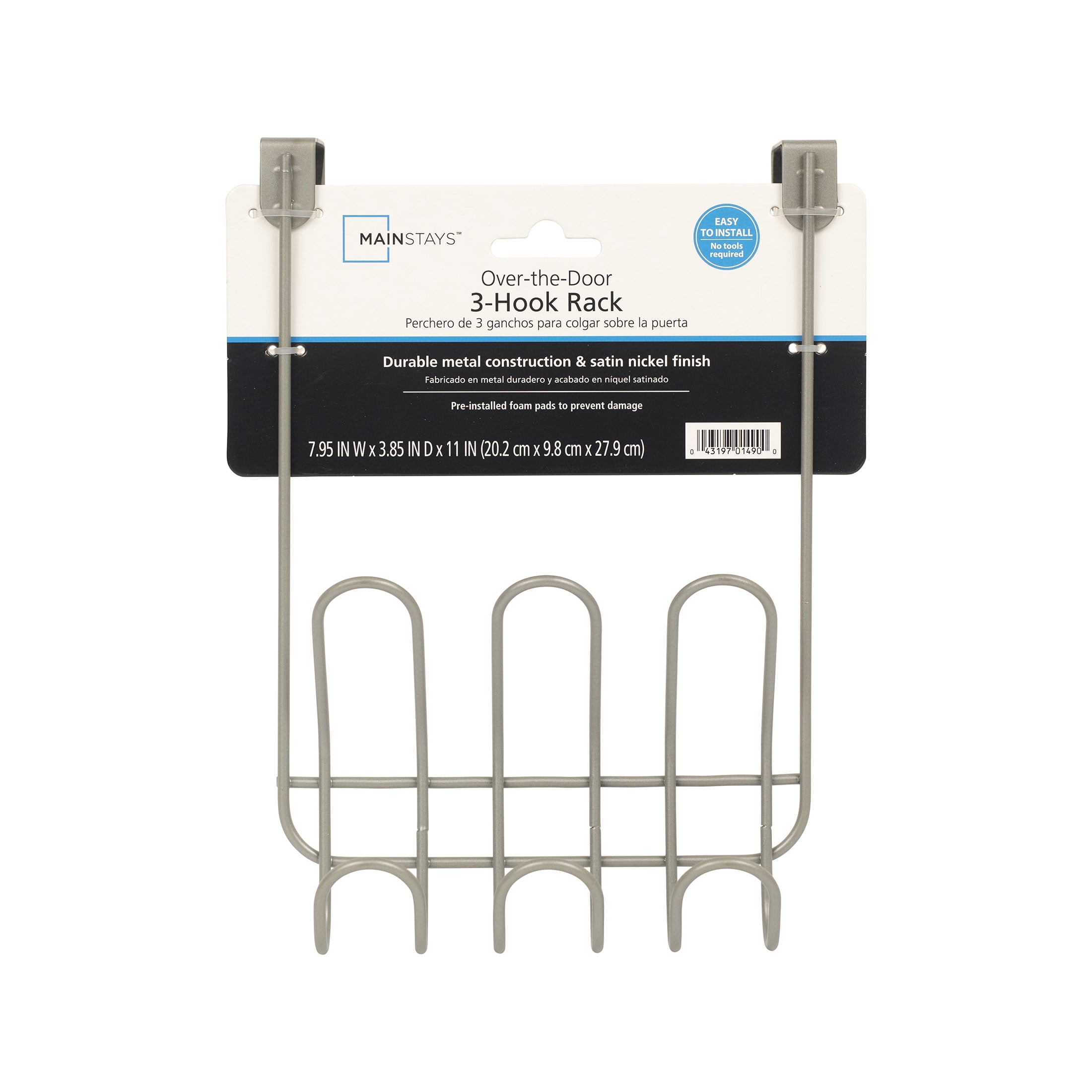 Mainstays Over-the-Door 3-Hook Rack, Satin Nickel, 6 Hooks Total