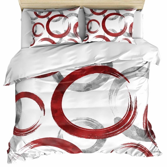 Red Grey Bedding 3 Piece Duvet Cover Set California King, Geometric Circle Modern Abstract Simple Art Soft Microfiber Comforter Cover with Zipper Closure & Pillowcases, FadeResistant Quilt Cover