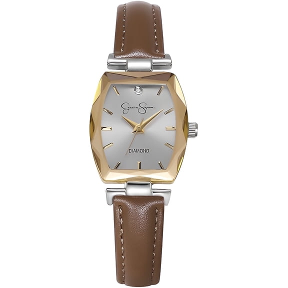 Jessica Simpson Diamond Collection Women's Dress Watch – Classic Quartz, Leather Band, Barrel Faceted Crystal Face, Elegant Timepiece