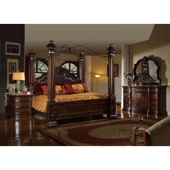 Formal Traditional Luxury Canopy Bedroom Set 4pc Queen Furniture Real Marble
