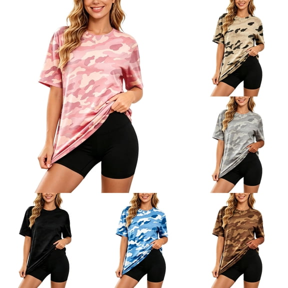 Arlun Women's Camo Print Short Sleeve T Shirts Trendy Classic Crew Neck Loose Breathable Tops Loose Fit Comfortable Daily Wear Summer Street Style Graphic Tees 1-Pink XL