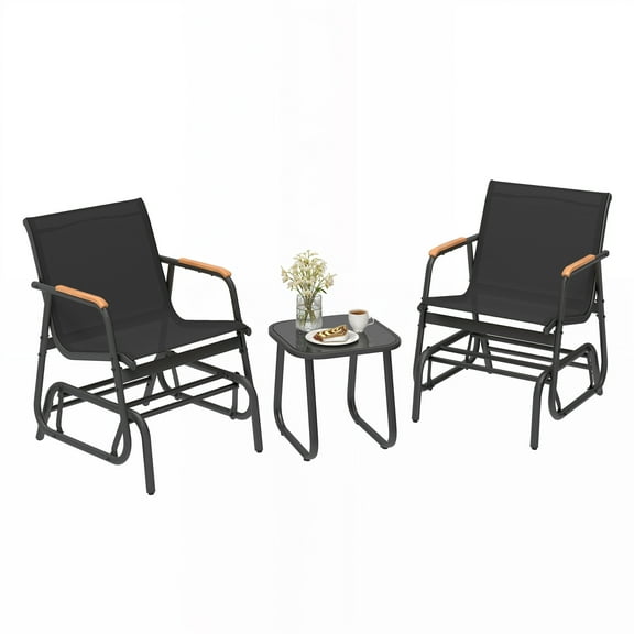 Dextrus Outdoor Rocking Bistro Set, 3-Piece Patio Furniture Glider Chair Set Featuring Wooden Armrests, Glass Table, Black
