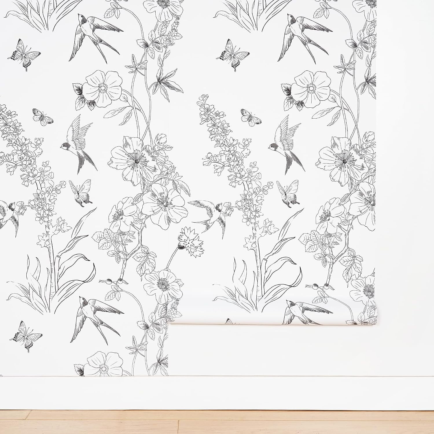 Caltero Floral Wallpaper Peel and Stick Wallpaper Black White Wallpaper Self Adhesive Removable Contact Paper,17.71" x 394"