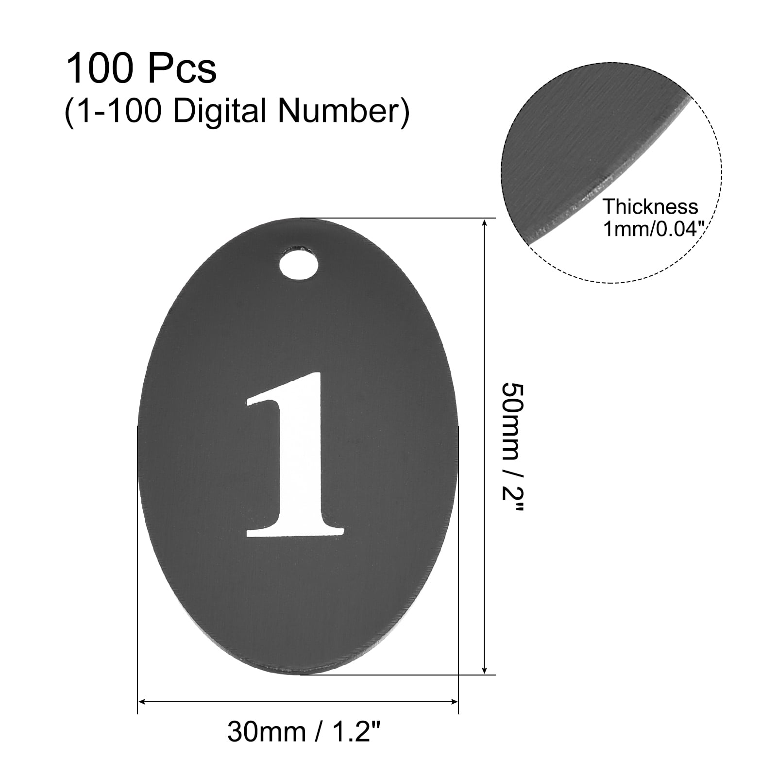 Uxcell Oval Number Tags Key Tag with Ring, 1-100 Numbered Black ID Tag for Coding, Decoration, Pack of 100
