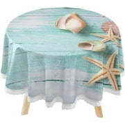 SKYSONIC Beach Shell Starfish Round Tablecloth 60inch Indoor Wrinkle Free, Summer Beach on The Board Circular Lace Table Cover Washable for Kitchen Party BBQ Dining Decor