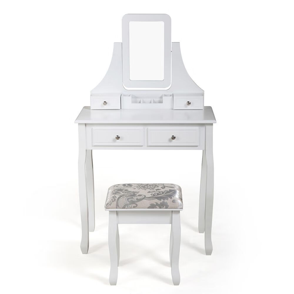 Vanity Table Set with Mirror and Cushioned Stool, Makeup Dressing Table