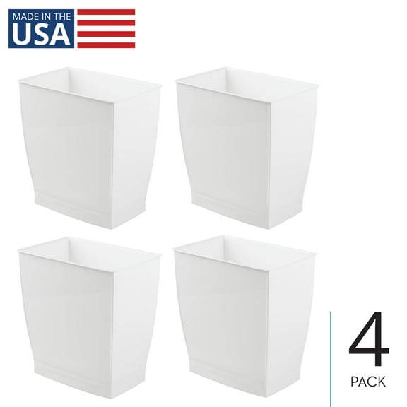 iDesign Plastic Bathroom Vanity Trash Can, 2.5 Gallon/9.5L. Modern Garbage Can for Bedroom, Office, 4-Pack, White