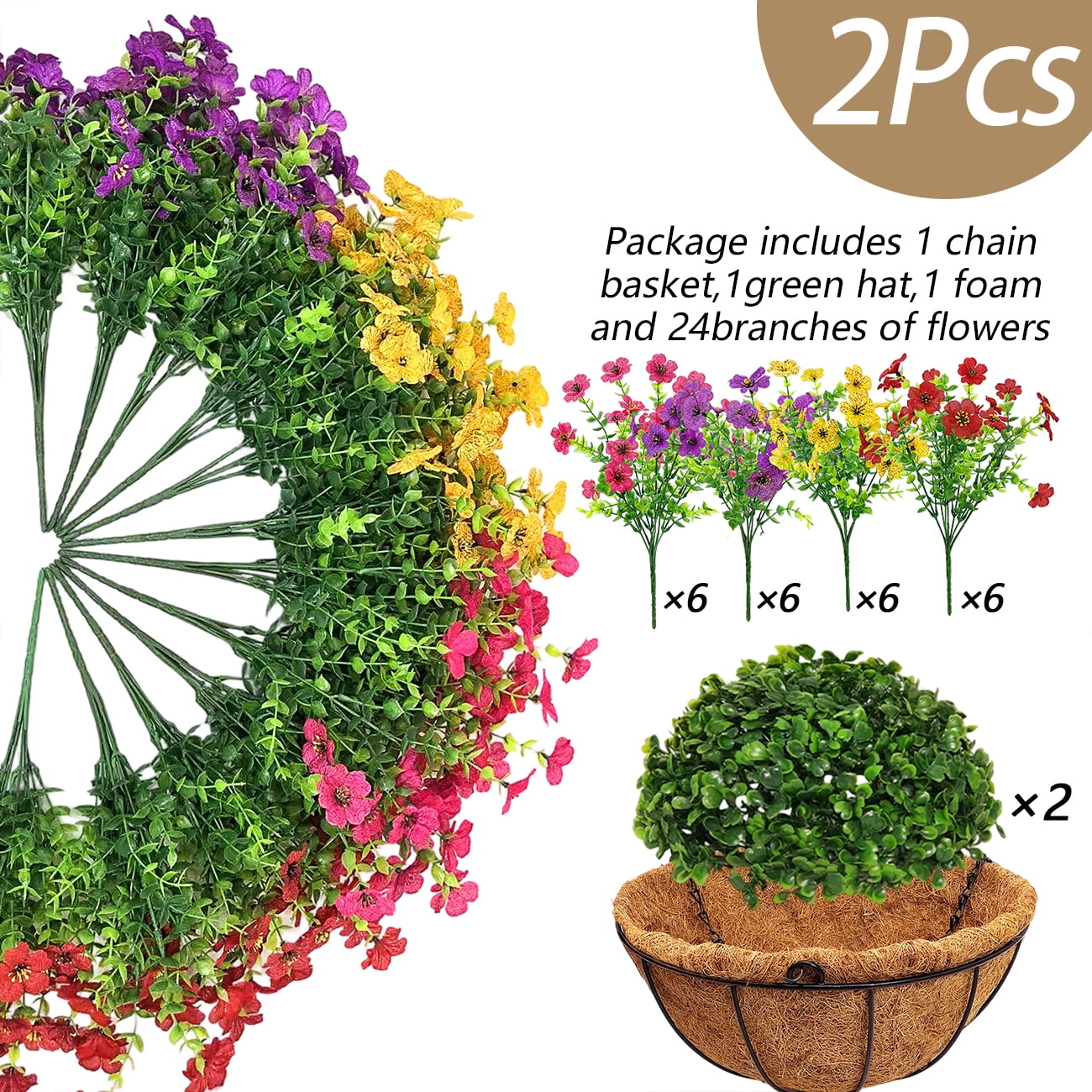 2 Sets of Artificial Hanging Baskets, 24 Simulated Flowers, with Metal Coconut Baskets, Suitable for Outdoor Spring and Summer Courtyard Decoration