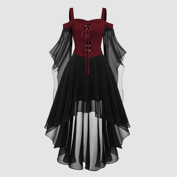 Huowey Vampire Gothic Dresses Women Halloween LaceâUp Waist High-Low Fancy Cosplay Party Gown Off Shoulder Long Sleeve Eye-Catching Halloween Dress,,XXL