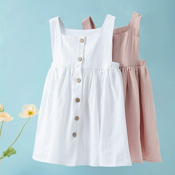 Mwjwdo Toddler Girl Leisure and Fashion Cotton Linen Summer Dress Suspender Sleeveless Button Beach Girls Sundress