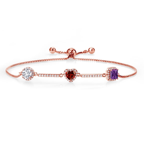 Keren Hanan Round Heart Princess Cut E-F Lab Grown Diamond Red Garnet Created Moissanite 18K Rose Gold Plated Silver Tennis Bracelet for Women (2.11 cttw, Fully Adjustable up to 9 inch)