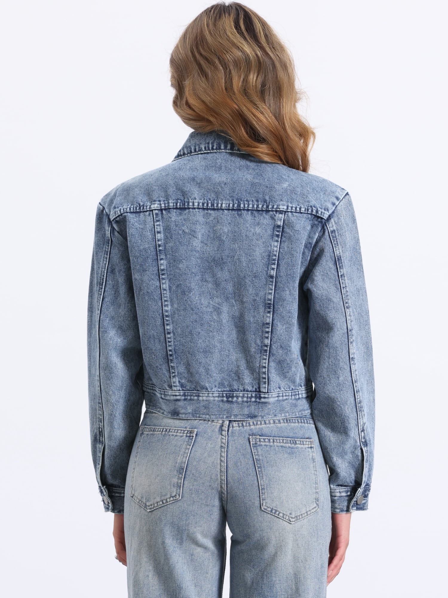 DARING DIVA Women's Zip Up Long Sleeves Cropped Denim Jacket M Washed Blue