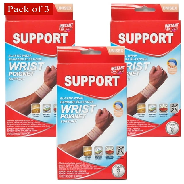 Aide Instantanée par Purest Bandage Élastique de Soutien pour Poignet (Lot de 3) 312963. l'Image Affiche Trois Paquets de Bandage Élastique de Soutien pour Poignet avec un design Rouge et Bleu. Ces Bandage Sont Conçus pour Offrir un Soutien Ferme Mais flexible pour les Entorses du Poignet, les Entorse et l'Inconfort Général. Ils Sont Légers, Respirants et Offrent un Élastique Mince Sans Coutures Ni Canaux d'Air pour le Confort. Convient aux Poignets Rigides, Faibles, Douloureux, Entorse, Foulés, Blessés Ou Arth