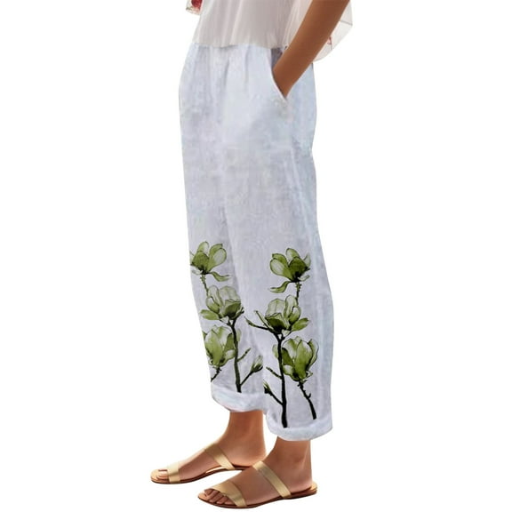 XIAONU Women's Floral Print Linen Pants Elastic Waist Pocketed Trousers Breathable Casual Cropped Bottoms Green