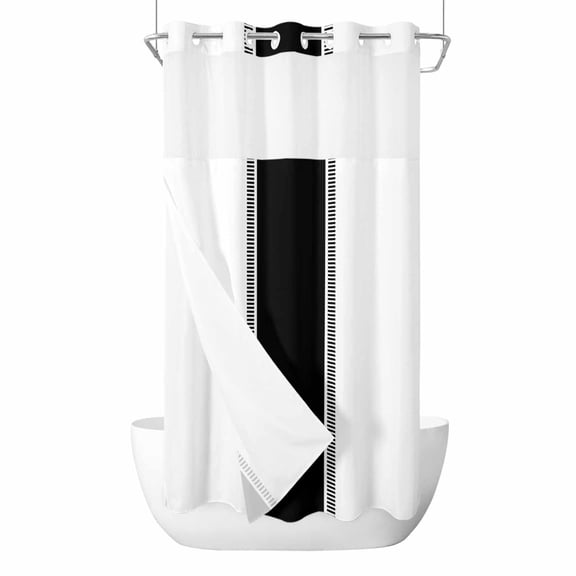 No Hook Shower Curtain, Black Solid Color Texture Small Shower Curtains with Snap in Liner, Simple Black Stripes Waterproof Washable Fabric Bathroom Curtain Sets, 36"W x 78"L