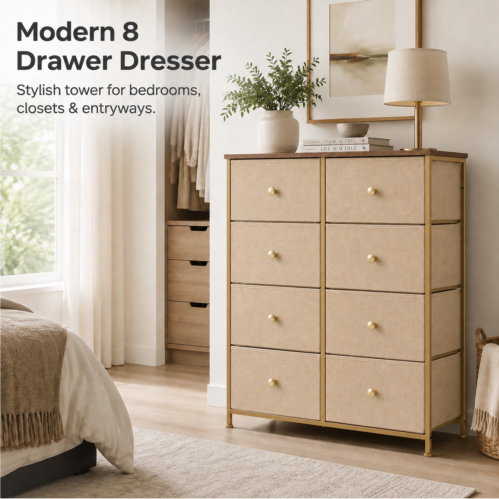 Alvantor 8/9 Drawer Fabric Dresser, Storage Tower for Bedroom and Closet, Chest of Drawers with Sturdy Steel Frame & Wooden Top for Living Room, Entryway