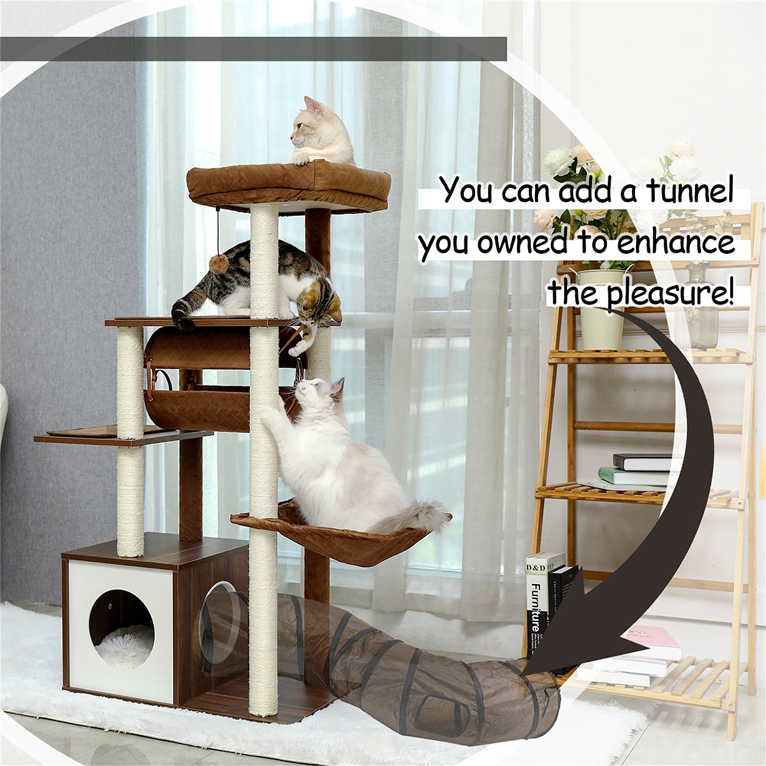 Pefilos 51.4 Inches Modern Cat Tree 6 Levels Wooden Cat Tower with Sisal Covered Scratching Posts, Cozy Condo, Spacious Perch, Hammock and Swing Tunnel for Indoor Cats, Brown Pefilos 51.4 Inches Modern Cat Tree 6 Levels Wooden Cat Tower with Sisal Covered Scratching Posts, Cozy Condo, Spacious Perch, Hammock and Swing Tunnel for Indoor Cats, Brown