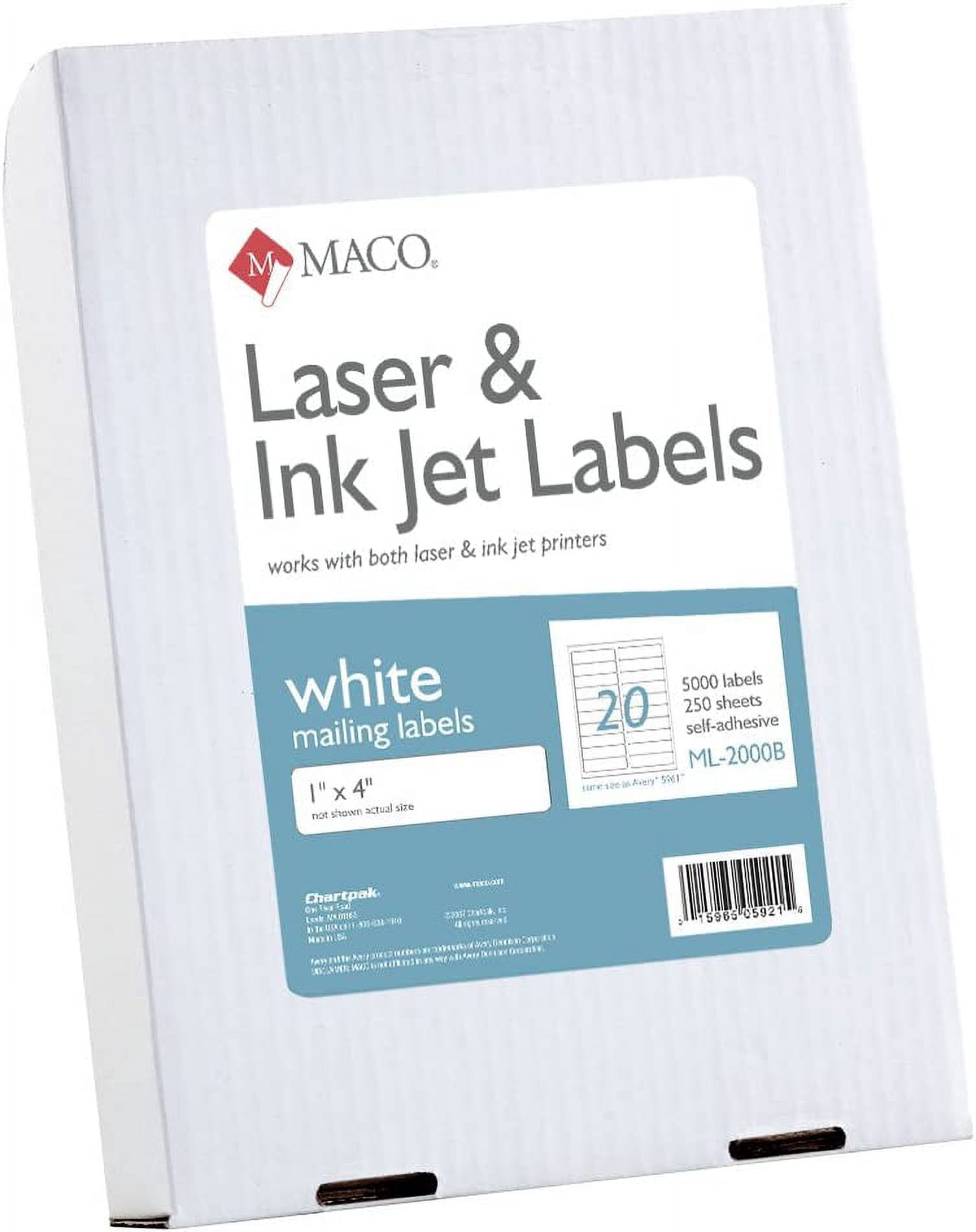 MACO Laser/Ink Jet White Address Labels, 1 x 4 Inches, 20 Per Sheet, 5000 Per Box (ML-2000B)