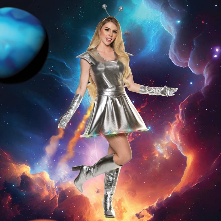 adult silver alien dress HDE Shiny Metallic Alien Costume Dress Futuristic Sleeveless Space Skater Dress Silver 2X