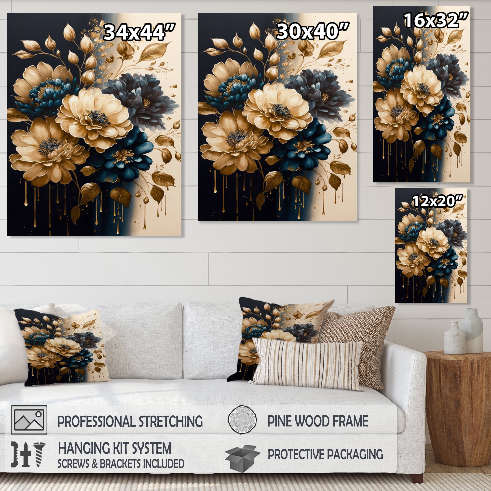 Designart Blue And Gold Zinnia Flowers IV Canvas Wall Art