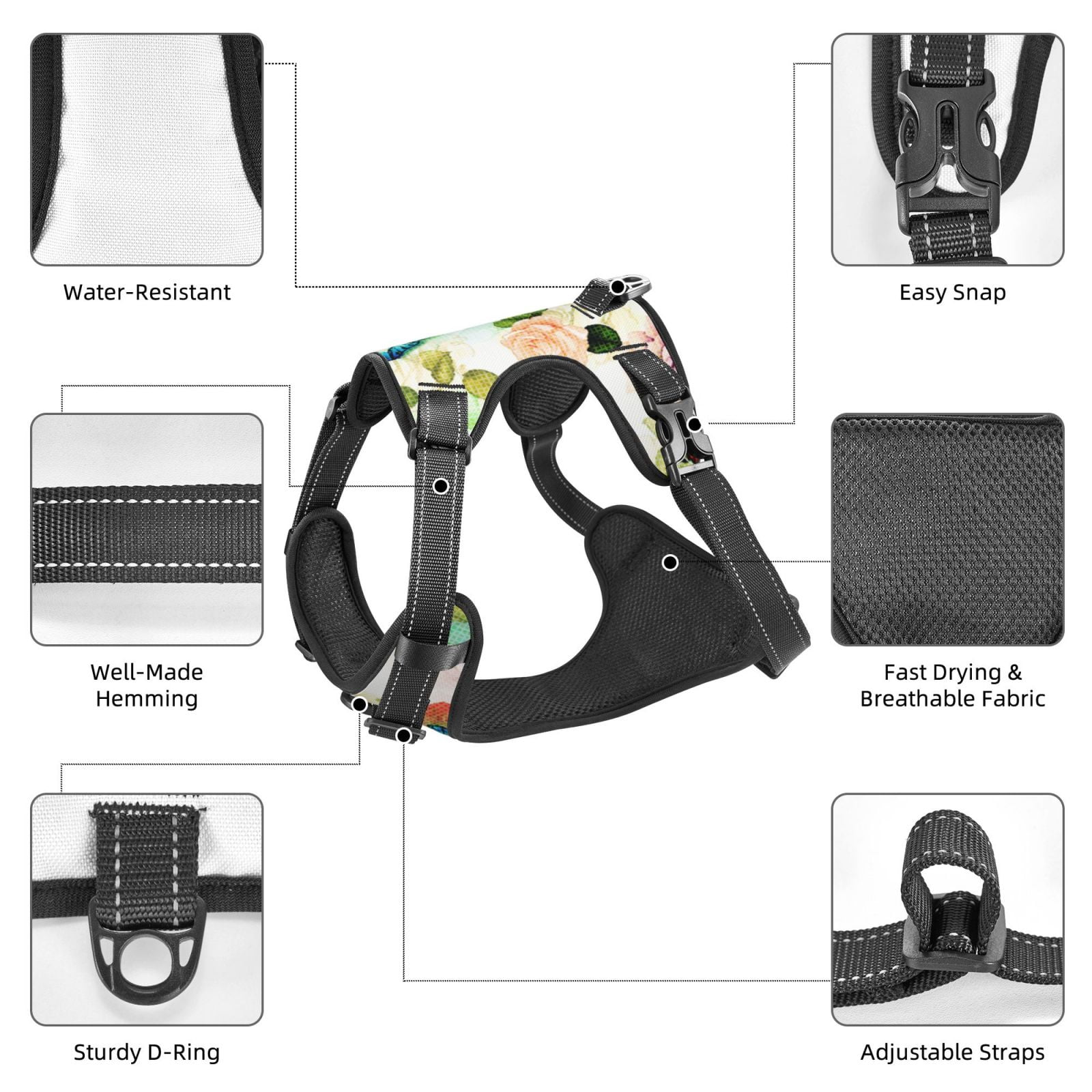 Fuzoiu Floral Vintage Print Reflective Dog Harness,Adjustable, Breathable Pet Vest,Dog Harness No Pull,No Choke Pet Vest for Small, Medium, and Large Dogs-Small