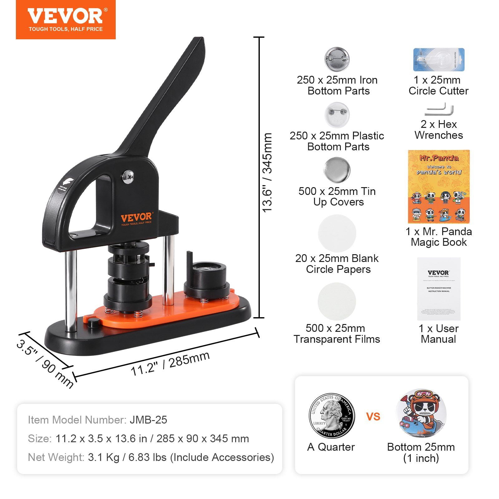 Button Maker Machine, 0.98 inch/25mm Pin Maker with 500pcs Button Parts,For Children DIY Gifts and Christmas, Button Maker with Panda Magic Book, Ergonomic Arc Handle Punch Press Kit
