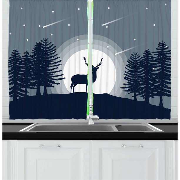 Deer Hunting Curtains 2 Panels Set, Reindeer Silhouette at Night in