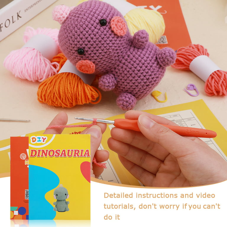 UzecPk 2 Set Beginners Crochet Kit, Cute Dinosaur Crochet Kit for Beginers  and Experts, All in One Crochet Knitting Kit with Step-by-Step Instructions  Video(Purple and Yellow) 