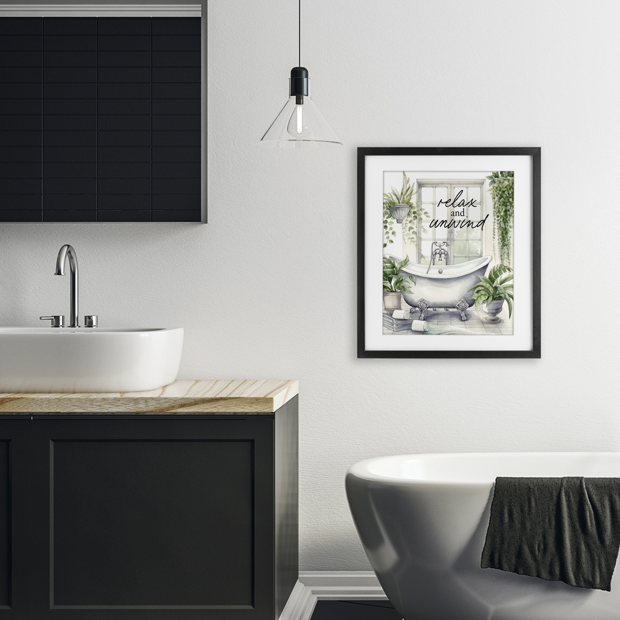 Relax Unwind Bath & Foliage Black Framed Print Under Glass, design by Lettered and Lined
