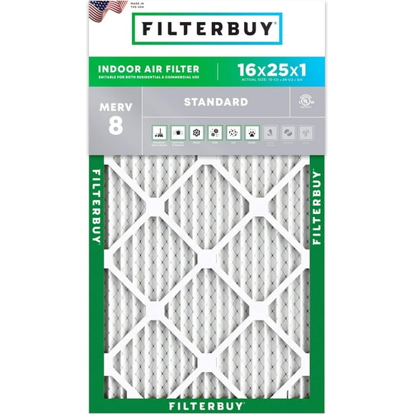 Filterbuy 16x25x1 MERV 8 Pleated HVAC AC Furnace Air Filters (1-Pack)