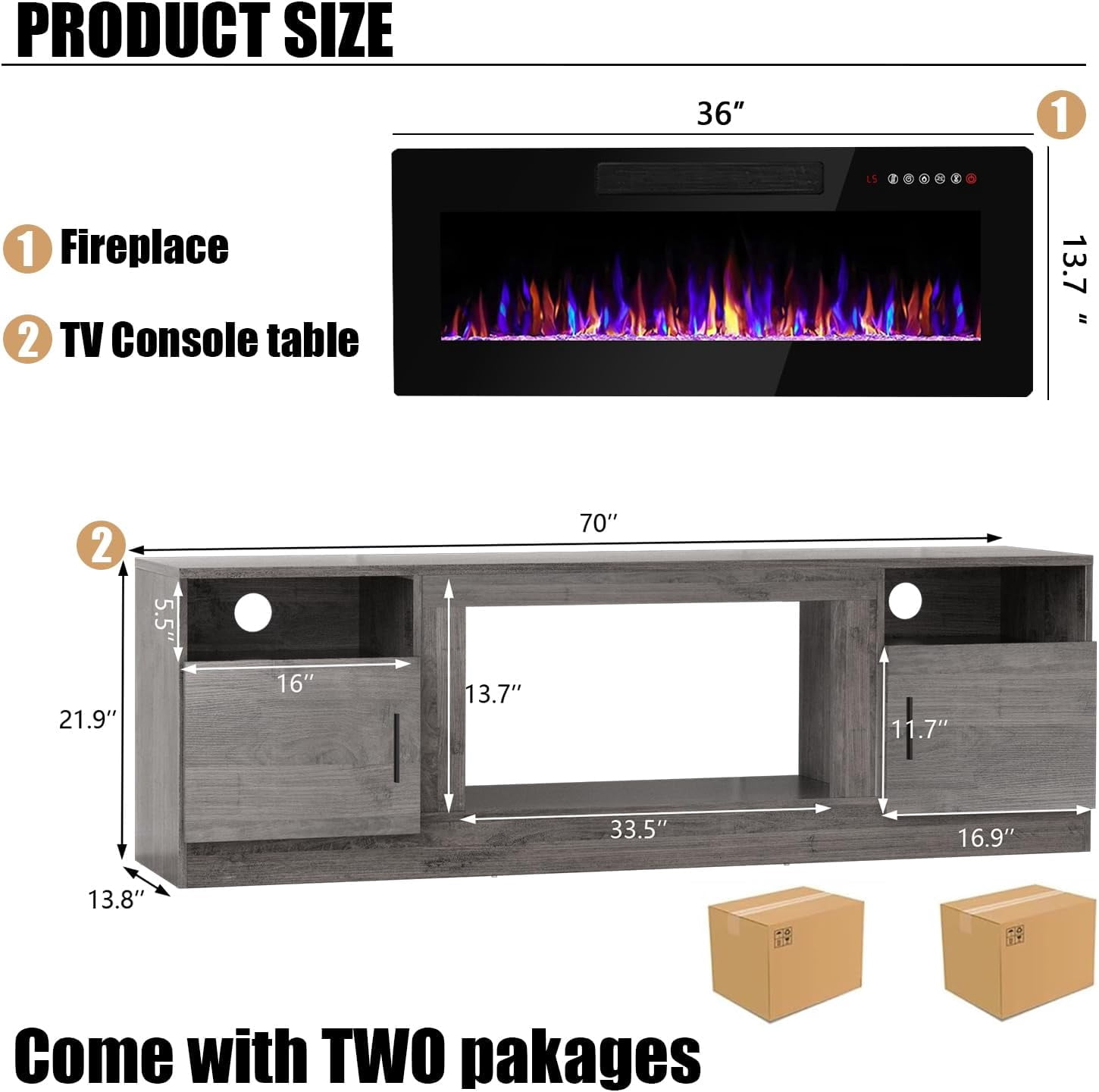 TV Stand with 36" inch Electric Fireplace Up to 80" TVs, LED Light Entertainment Center, 70" Modern Wood High Gloss Fireplace with Highlight Storage Cabinet for Living Room (Grey)
