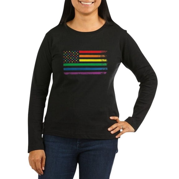 CafePress - Rainbow American Flag Long Sleeve T Shirt - Women's Long Sleeve Graphic Tee Casual Fit