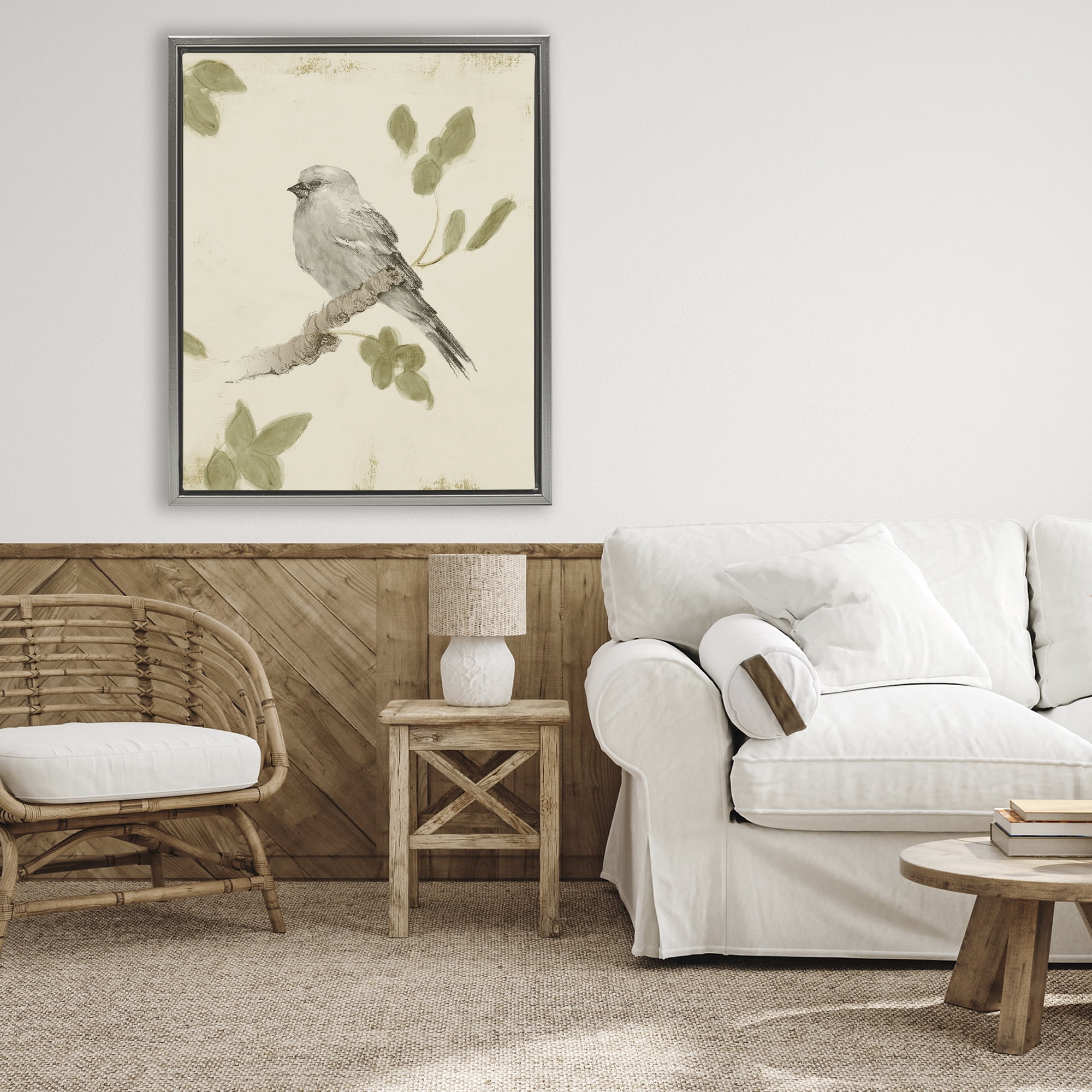 Stupell Industries Bird Scene on Neutral Gray Framed Floater Canvas Wall Art, design by Lanie Loreth