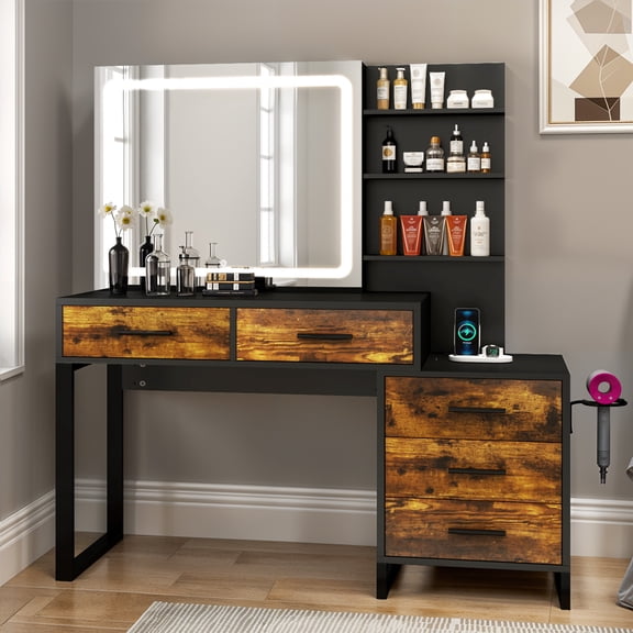 DEXTRUS Vanity Set with Mirror & Organizing Rack and LED Lighting  for Bedroom, Black