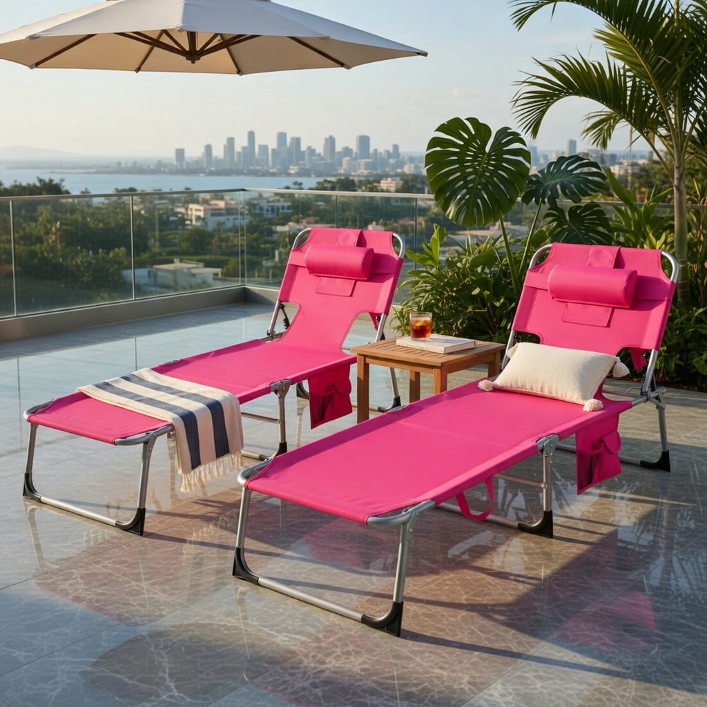 Hommoo Foldable Tanning Chair with Face & Arm Holes, Lightweight Portable Sun Lounger for Beach, Pool, Patio, Pink