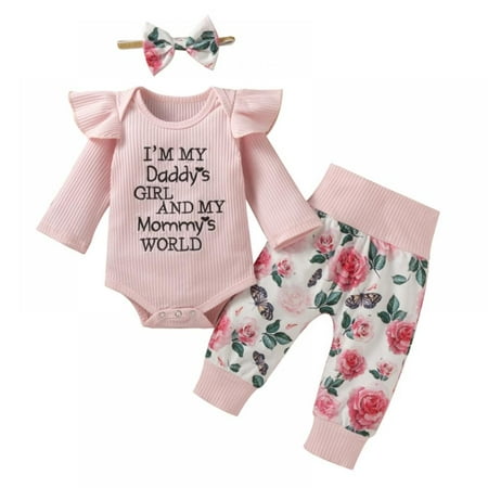

Newborn Baby Girl Clothes Pattern Print Ruffled Romper + Floral Pants + Headband 3Pcs Outfits Set