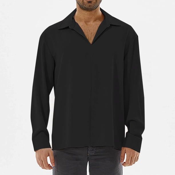 Blusa y camisa de manga larga con cuello vuelto para hombre, informal, de color liso, semiabierta, de poliéster