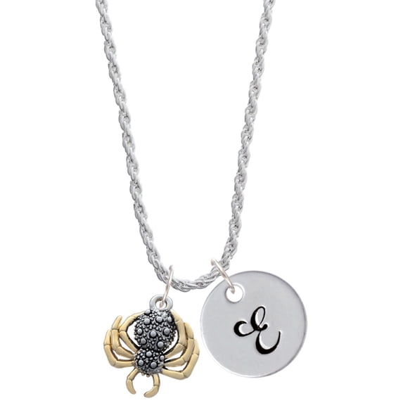 Delight Jewelry Two-tone 3-D Textured Spider with Legs Silvertone Script Initial Disc - E - Charm Necklace, 20"+3"