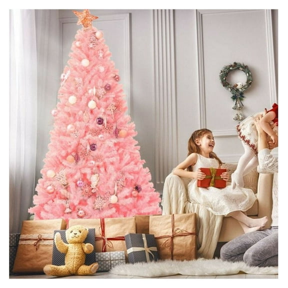 7.5ft Pink Artificial Christmas Tree, Hinged Fir Tree with 1258 Tips, Full-Bodied Spruce Design, Metal Stand - Indoor & Commercial Holiday Decoration