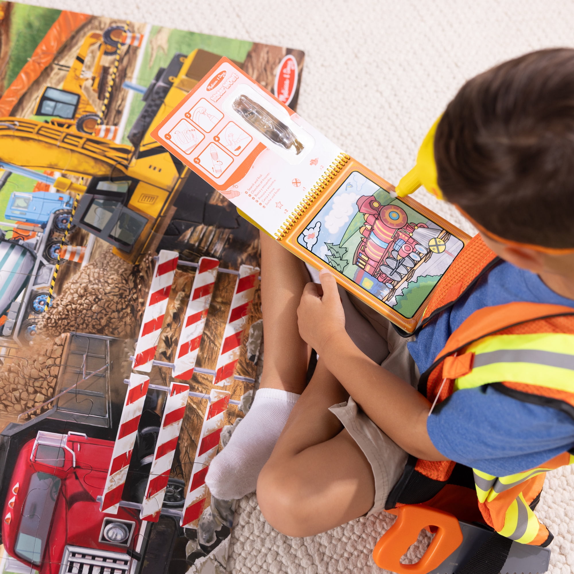 Melissa & Doug Construction 3-in-1 Deluxe Collection Themed Gift Set – Costume Role Play, Puzzle, Water WOW! - FSC Certified