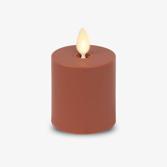 Baked Clay Outdoor Moving Flame Votive Realistic LED Candle (2"x3.2"), IPX4 Flat Smooth Matte Plastic Finish, Battery Operated (2 AAA) Timer