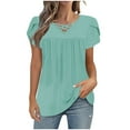 thumbnail image 2 of Womens Tops Plus Size Short Sleeved V-Neck Pleats Solid Color Loose T-shirt Green M, 2 of 6