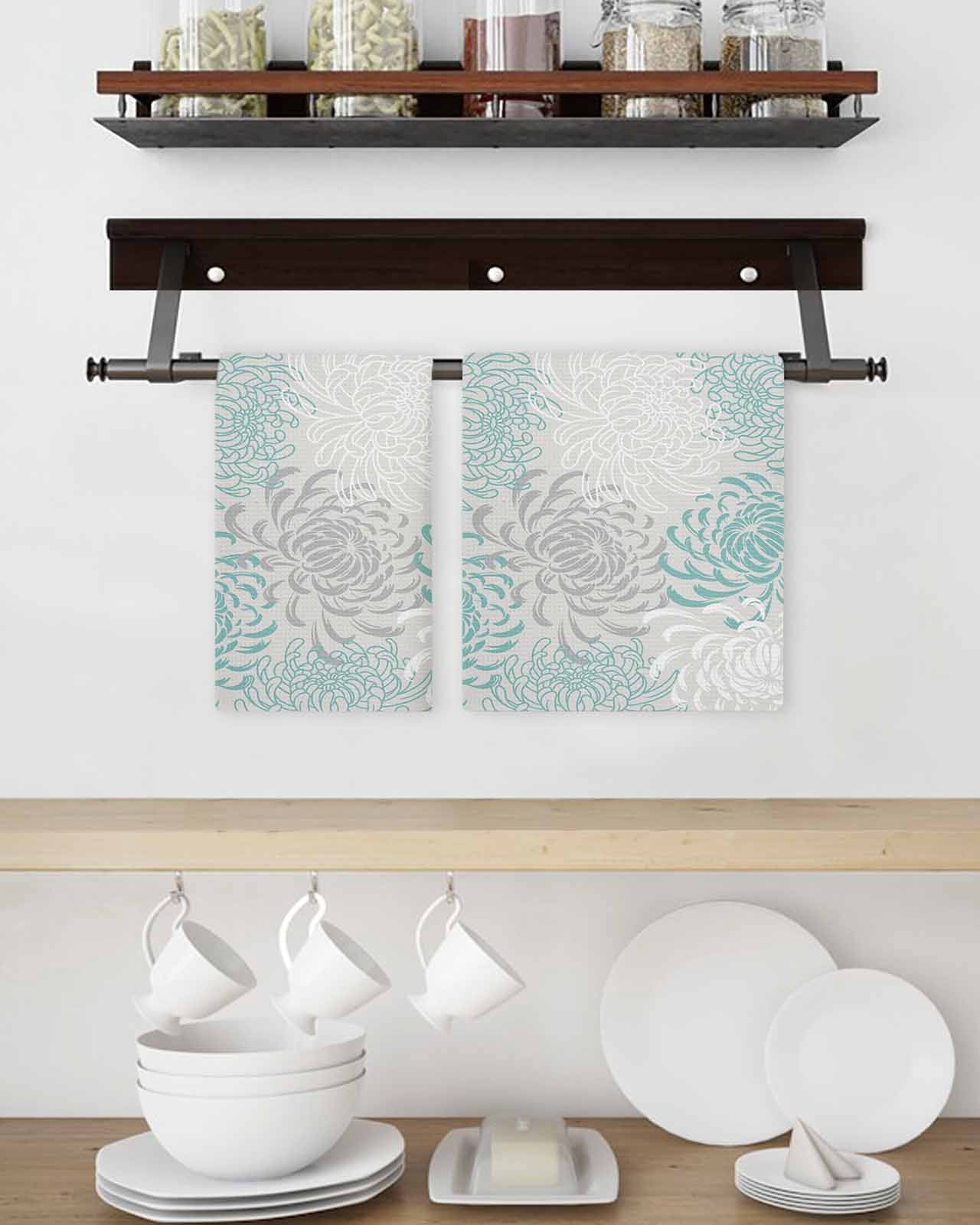 Aqua White Kitchen Dish Towels for Drying Dishes Set of 2, Abstract Grey Chrysanthemum Flower Floral Waffle Weave Microfiber Hand Tea Bathroom Towels Quick Dry & Absorbent Towel 15.7x23.6