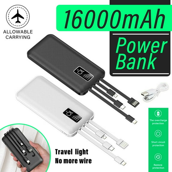 Portable External Battery Pack, 16000mAh Portable Charger Power Bank Built in 4 Charging Cable, White