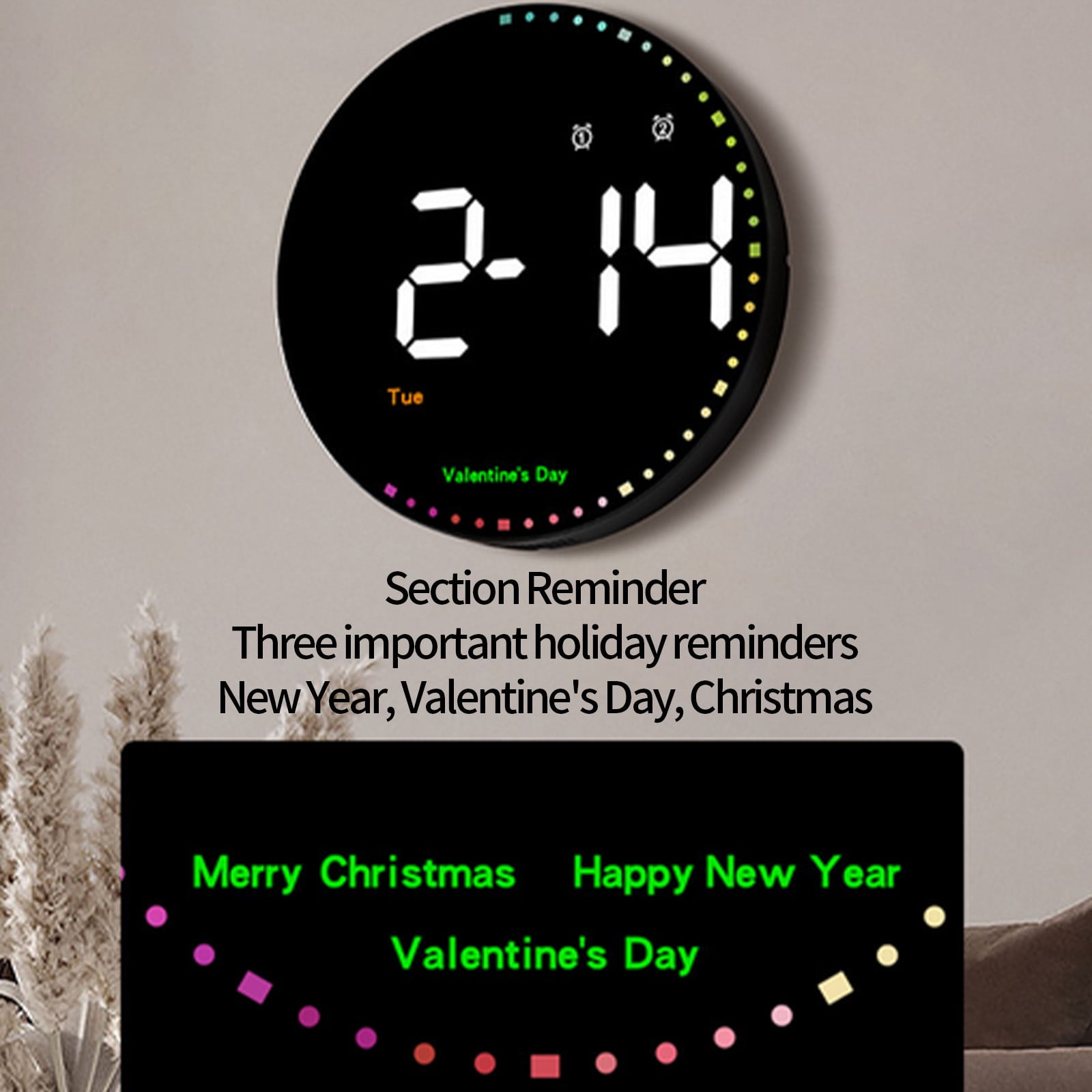 Large Digital Wall Clock with Seconds, Alarm Countdown Timer, Big LED Display, Color, DST, Temperature, Mounted for Bedroom Living Room Office Classroom Gym, Xmas Birthday Gift