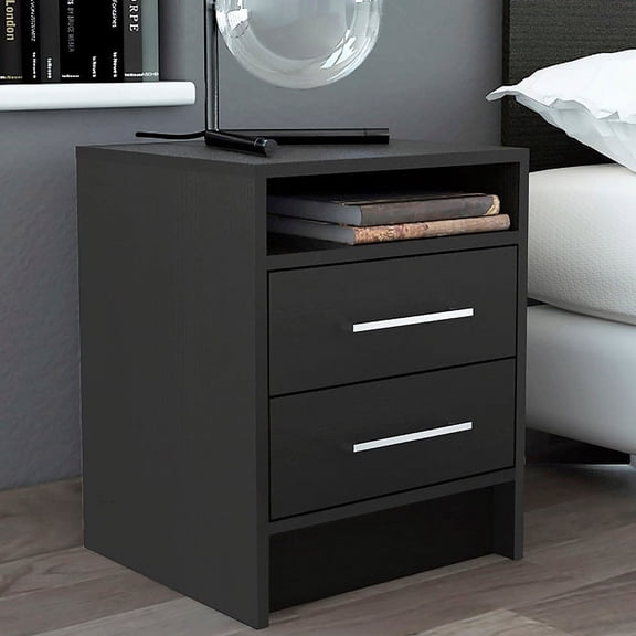 Canddidliike Nightstand with 2 Drawers, Open Wood Shelf Side Table for Bedroom/Living, Black