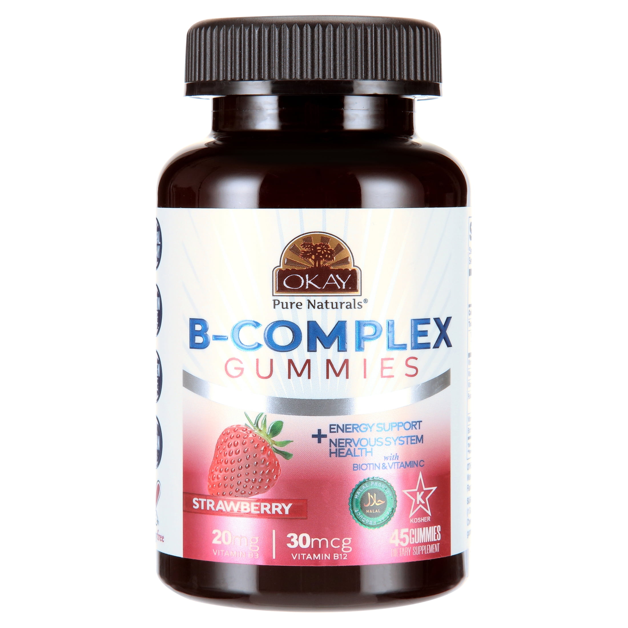Okay Pure Naturals Vitamin B Complex Gummies with Biotin and Vitamin C, Strawberry Flavor, 45 Count