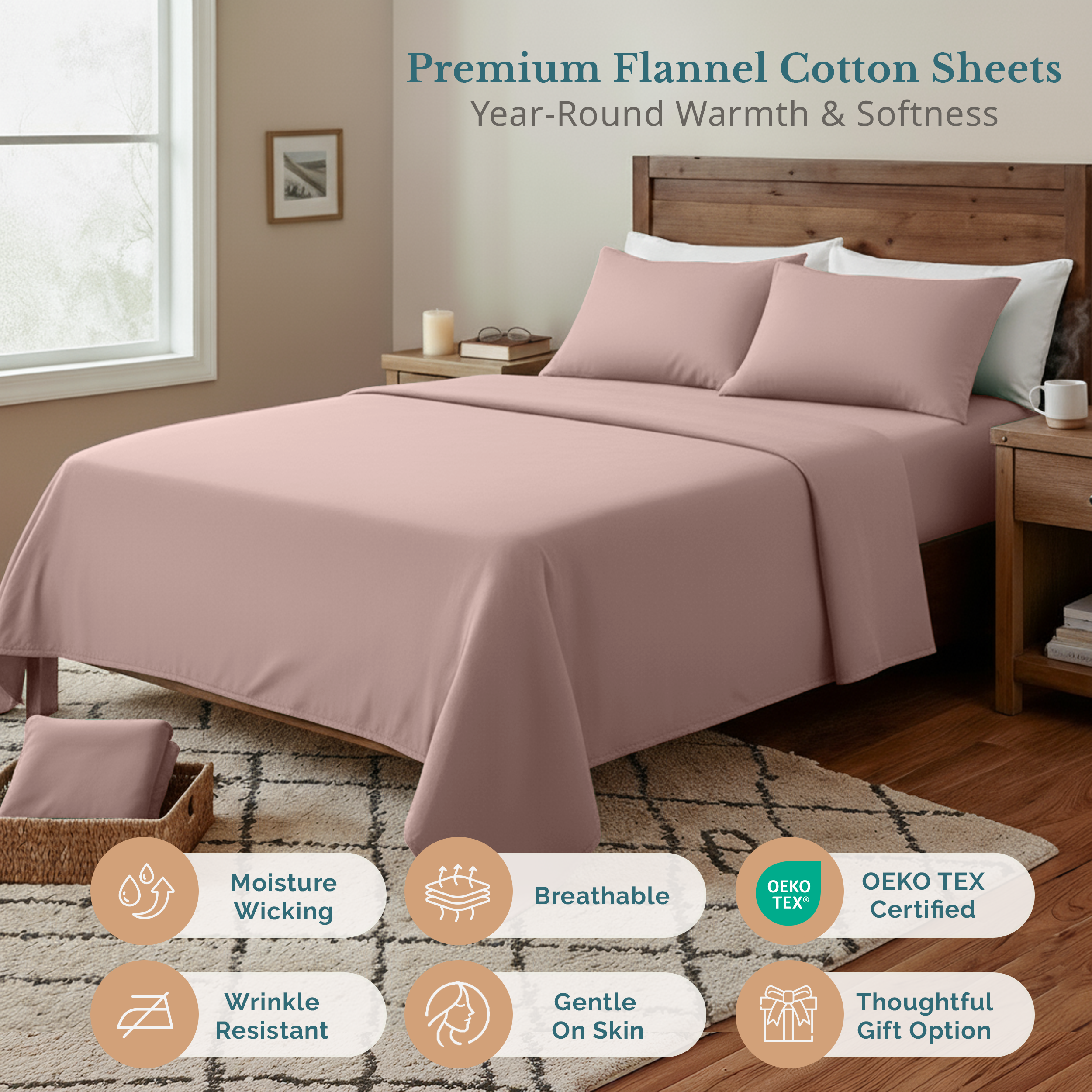 Casa Platino 100% Cotton Queen Flannel Sheet Set, Sepia Rose photo 4