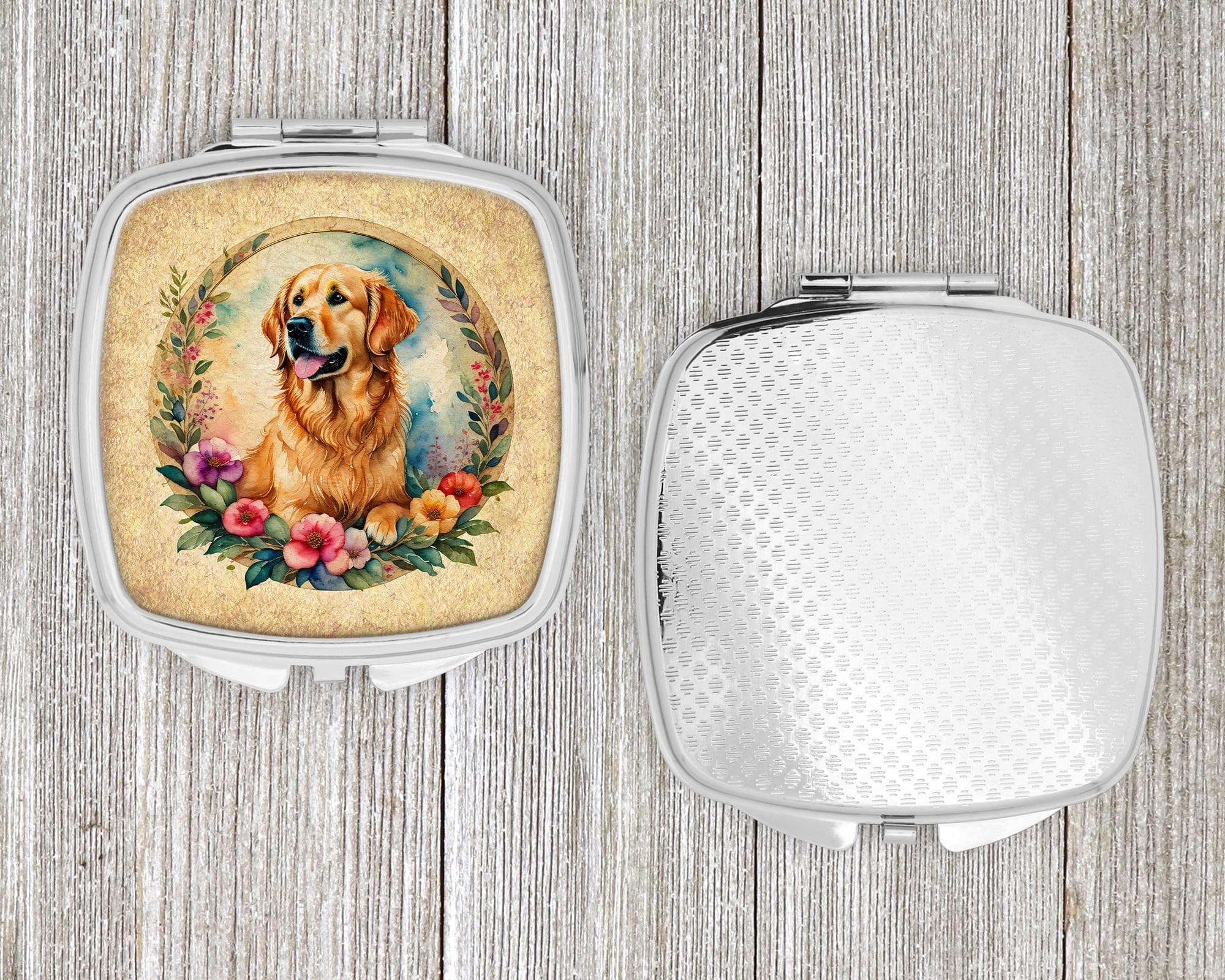 Golden Retriever and Flowers Compact Mirror 2.75 in x 3 in